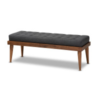 Baxton Studio BBT5363-Dark Grey-Bench Linus Mid-Century Modern Dark Grey Fabric Upholstered and Button Tufted Wood Bench